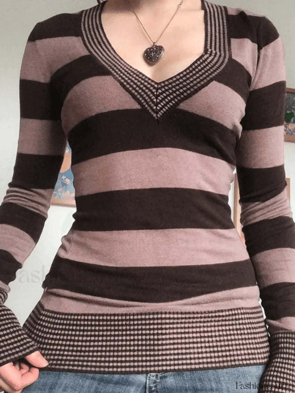 V Neck Striped Knit Top Brown / S Sweaters
