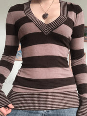 V Neck Striped Knit Top Brown / S Sweaters