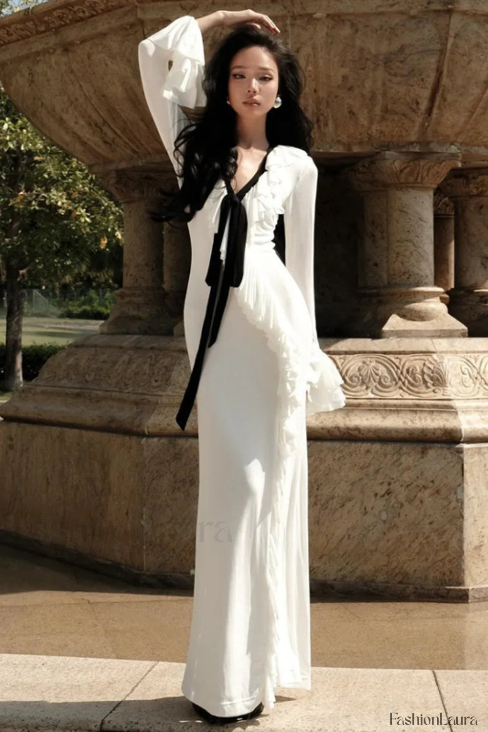 V Neck Tie Ruffled Split Maxi Dress