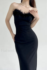 V Neck Tube Top Fishtail Fluffy Maxi Dress