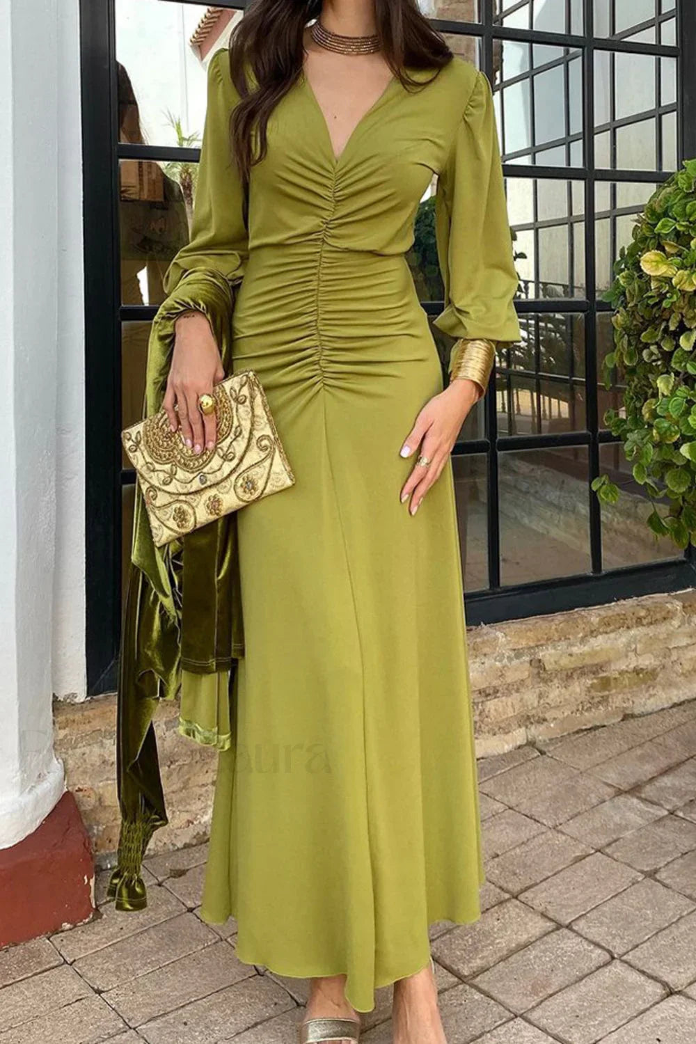 V Neck Waist Cinched French Style Work Dress