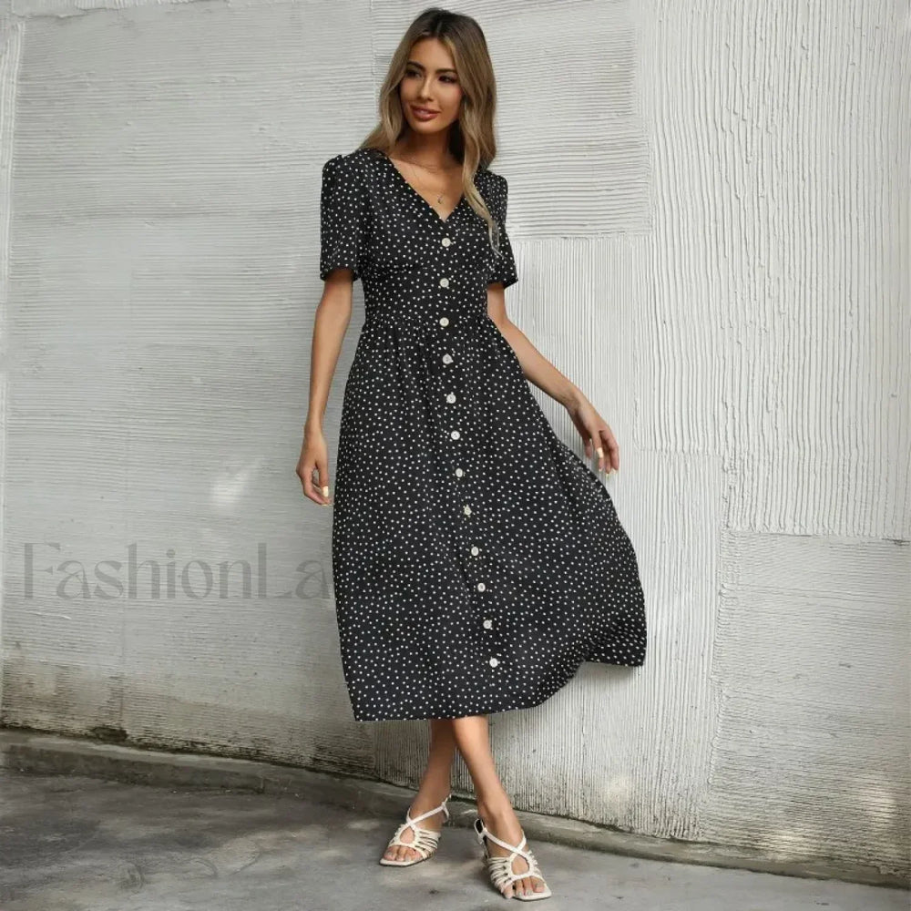 Vacation Chic Single breasted Cardigan V neck Short Sleeve Hem Slit Retro Dot Midi Dress Black / S