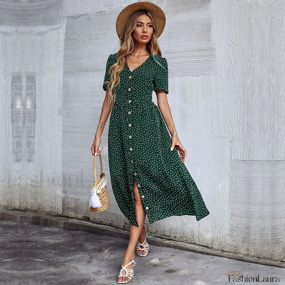 Vacation Chic Single breasted Cardigan V neck Short Sleeve Hem Slit Retro Dot Midi Dress Dark Green / S