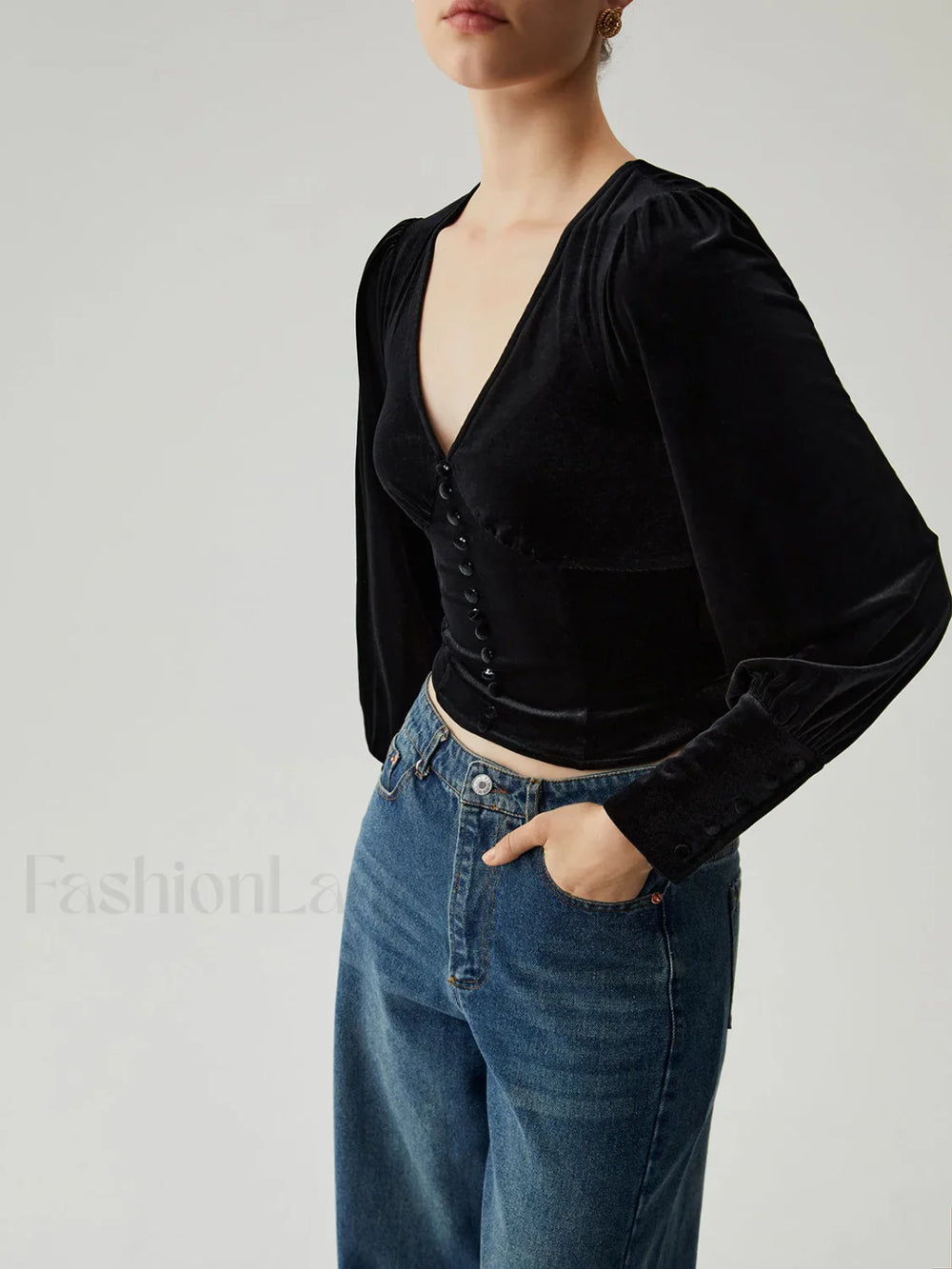 Velvet Buttoned V neck Trendy Long Sleeve Crop Top Blouses
