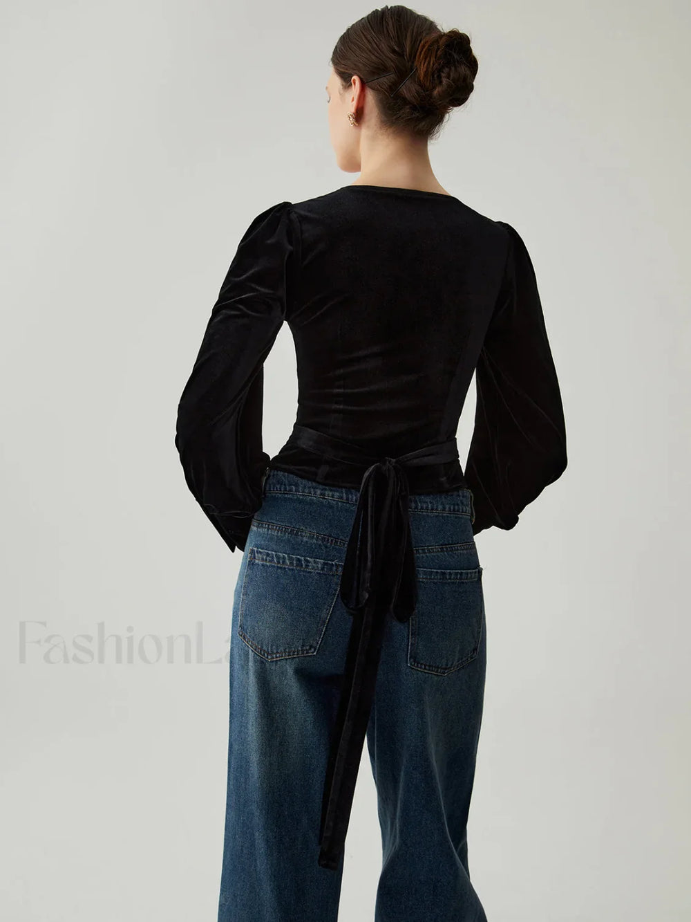 Velvet Buttoned V neck Trendy Long Sleeve Crop Top Blouses