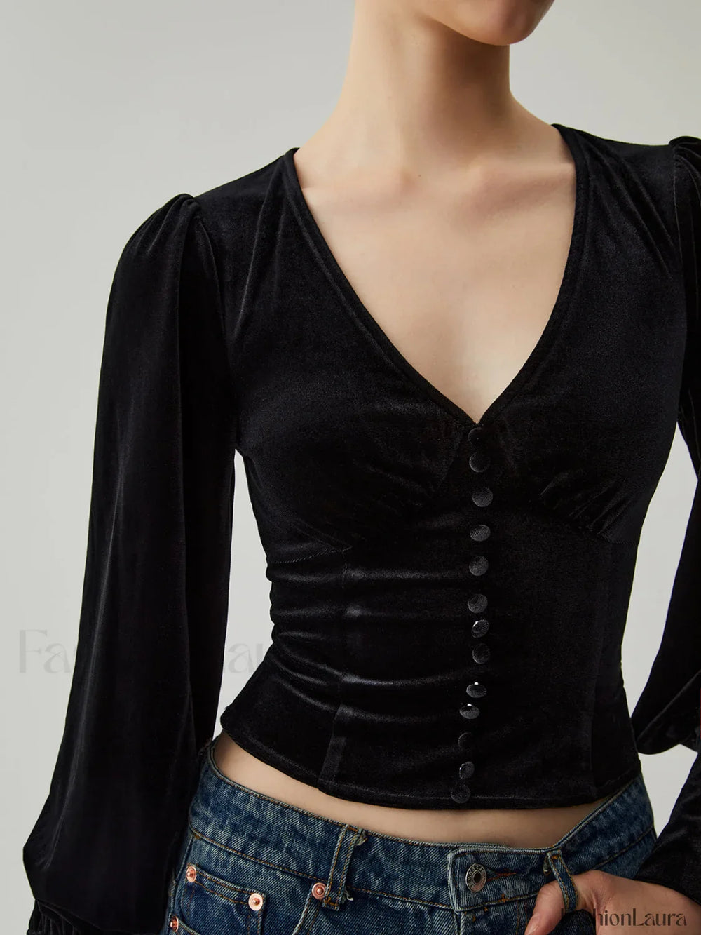 Velvet Buttoned V neck Trendy Long Sleeve Crop Top Blouses