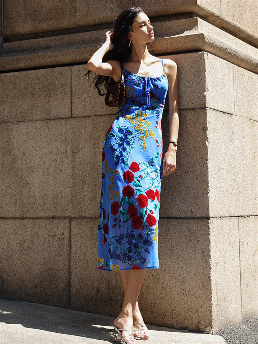 Velvet Floral Appliqué Cami Dress Dresses