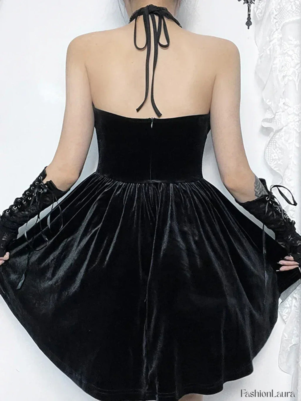 Velvet Halter Lace Backless Bodycon Draped Criss Cross A Line Sleeveless Vintage Dress