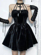 Velvet Halter Lace Backless Bodycon Draped Criss Cross A Line Sleeveless Vintage Dress