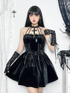 Velvet Halter Lace Backless Bodycon Draped Criss Cross A Line Sleeveless Vintage Dress Black / S