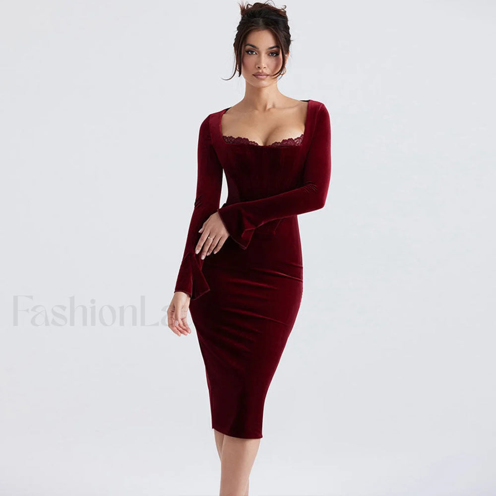 Velvet Long Sleeve Lace Trim Mesh Panel Corset Bodycon Midi Dress Burgundy S / Burgundy Velvet Dresses