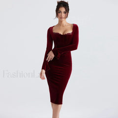 Velvet Long Sleeve Lace Trim Mesh Panel Corset Bodycon Midi Dress Burgundy S / Burgundy Velvet Dresses