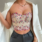 Vemina Y2K Embroidery Floral Strapless Tube Crop Top