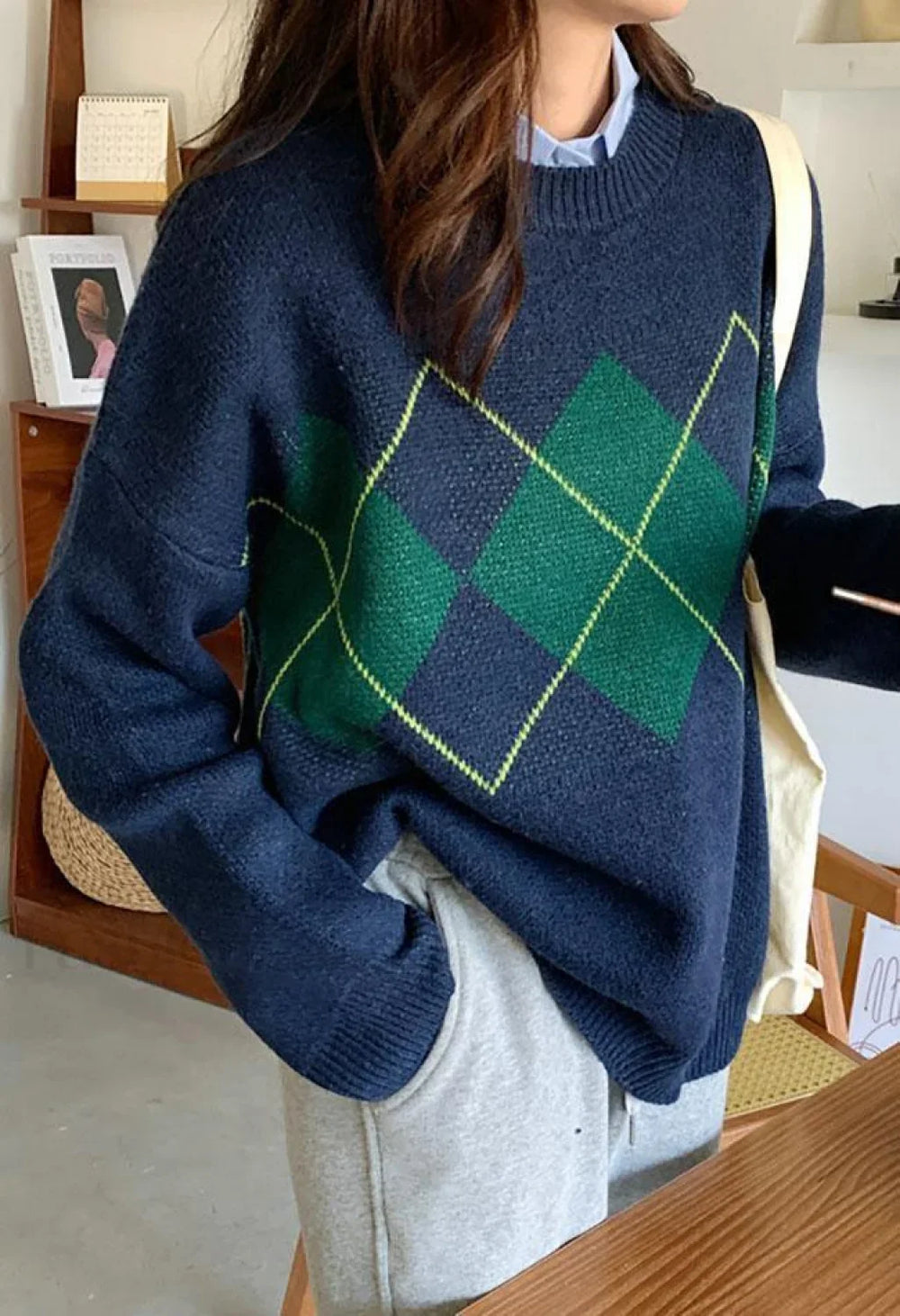 Vintage Argyle Pullover Sweater BLue / ONE SIZE Sweaters L