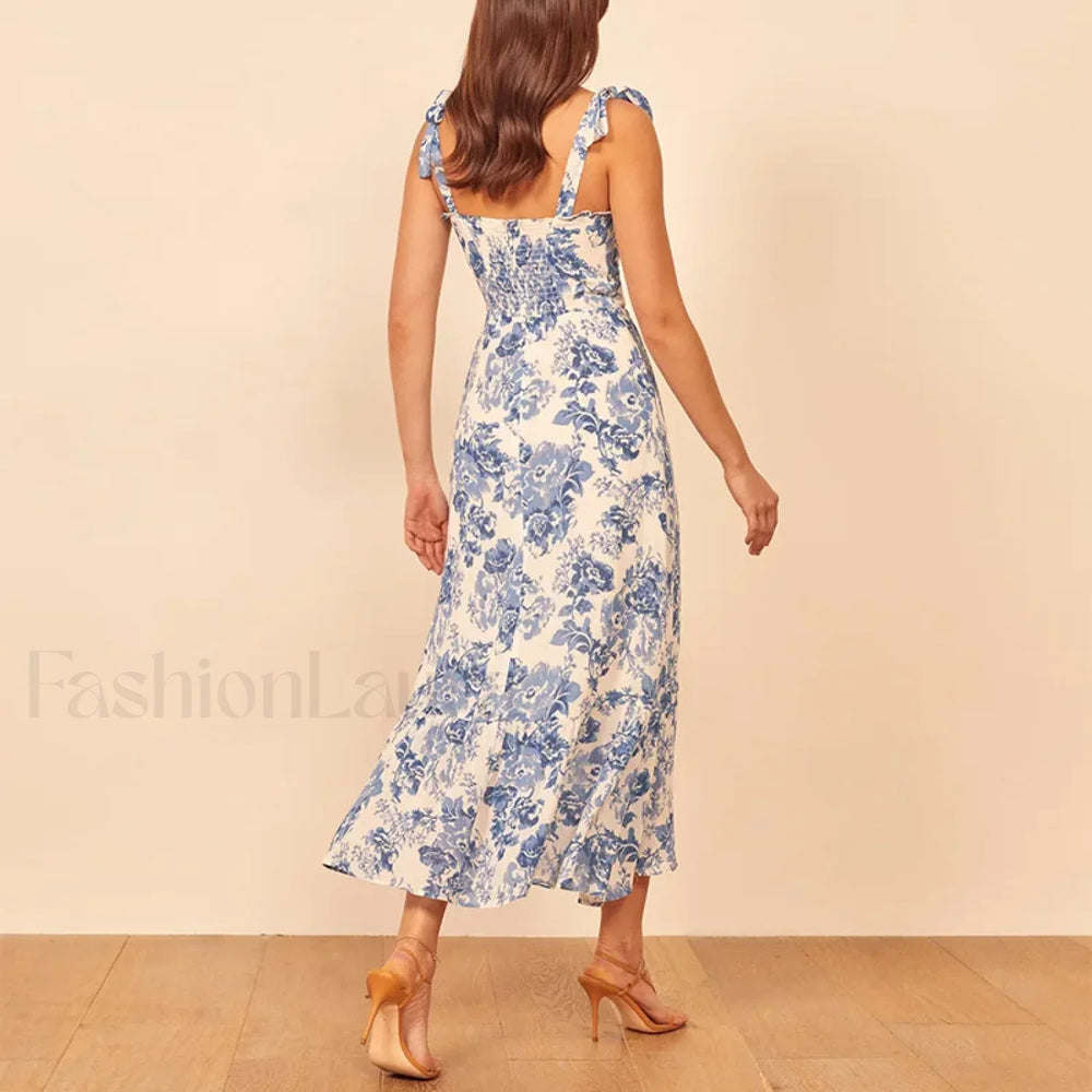 Vintage Blue Floral Print Floral Dress