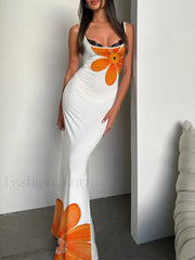 Vintage Boat Neck Bodycon Maxi Dress Orange / S