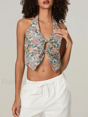 Vintage Bow-Front Halter Crop Top