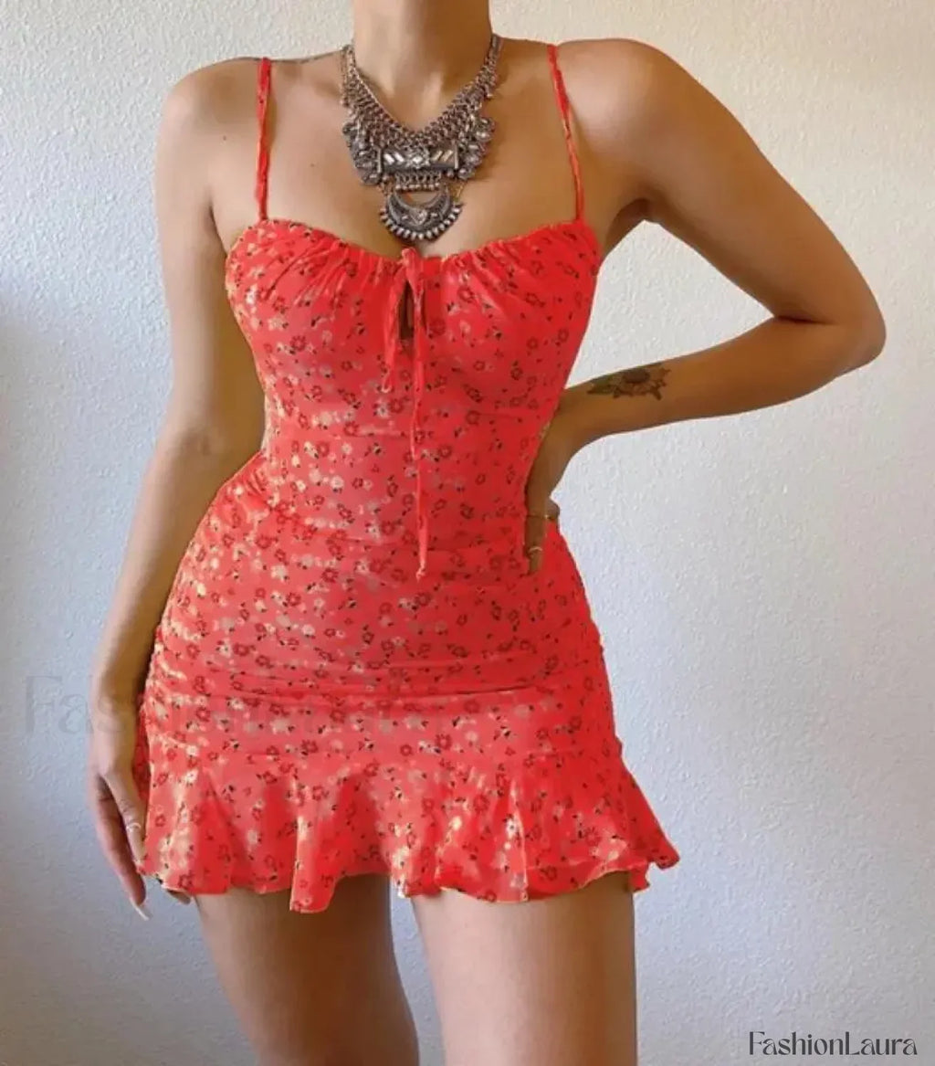 Vintage Camisole Backless Mini Dress Red / S