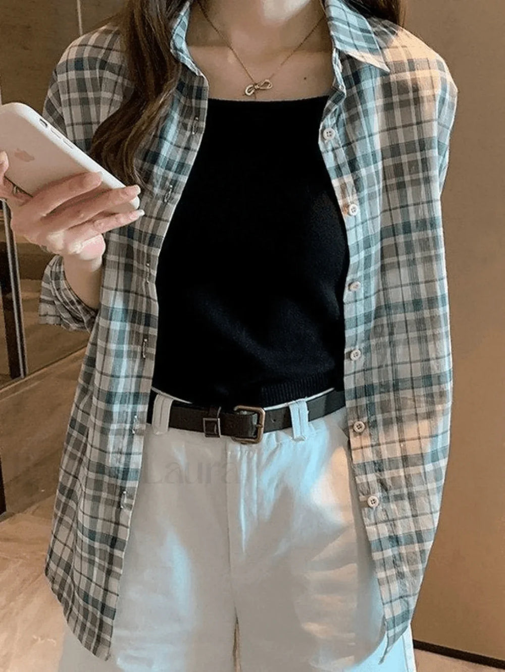 Vintage Checkered Long Sleeve Button Blouse Green / S Shirts