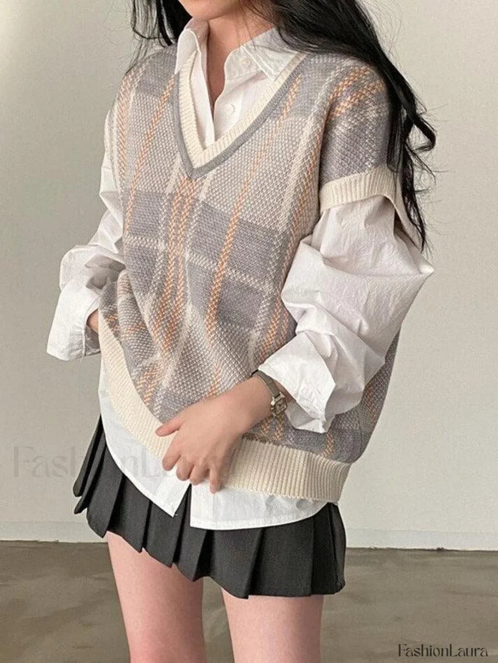 Vintage Checkered V Neck Sweater Vest Sweaters