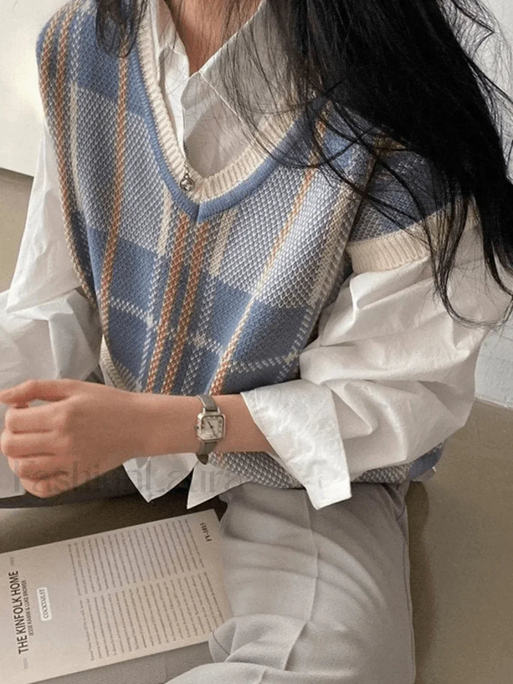 Vintage Checkered V Neck Sweater Vest Sweaters