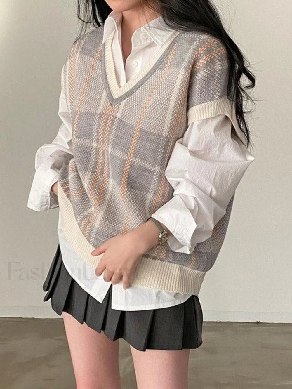 Vintage Checkered V Neck Sweater Vest Sweaters