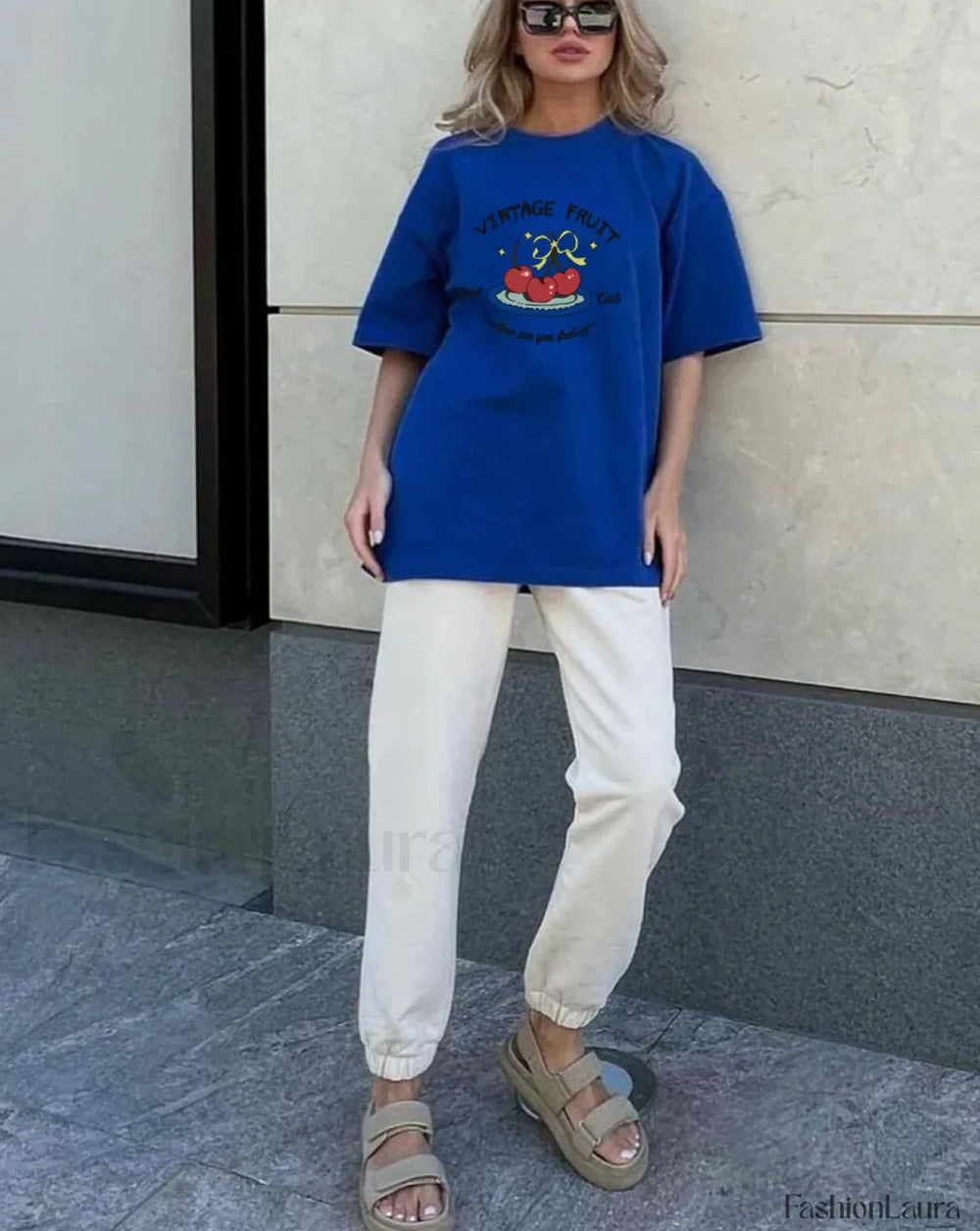 Vintage Chic Letter Printed T Shirt Blue / M