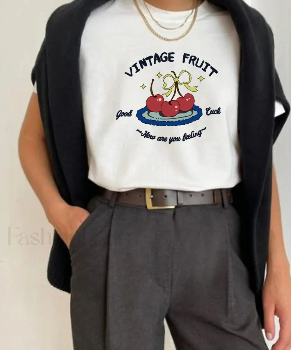 Vintage Chic Letter Printed T Shirt White / M