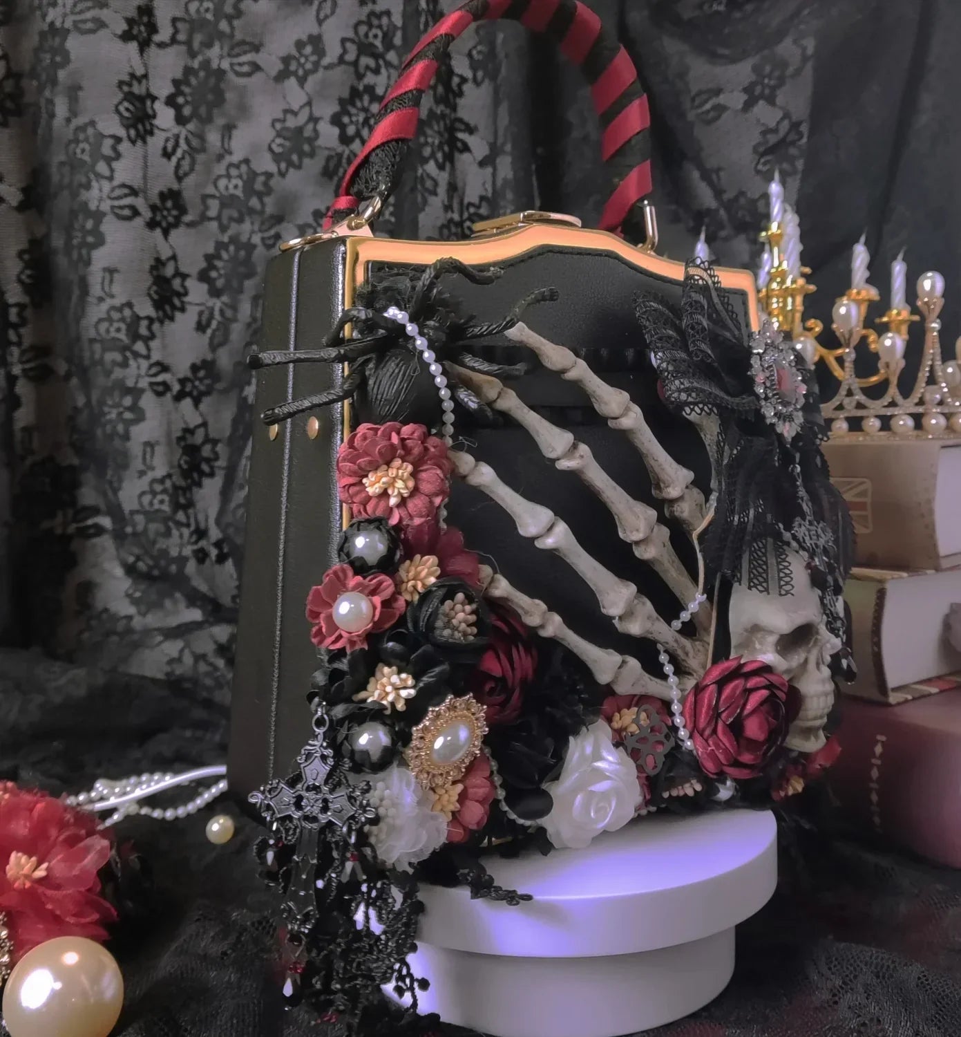 Vintage Crossbody Butterfly Shoulder Gothic Punk Flower Black Skeleton Bag