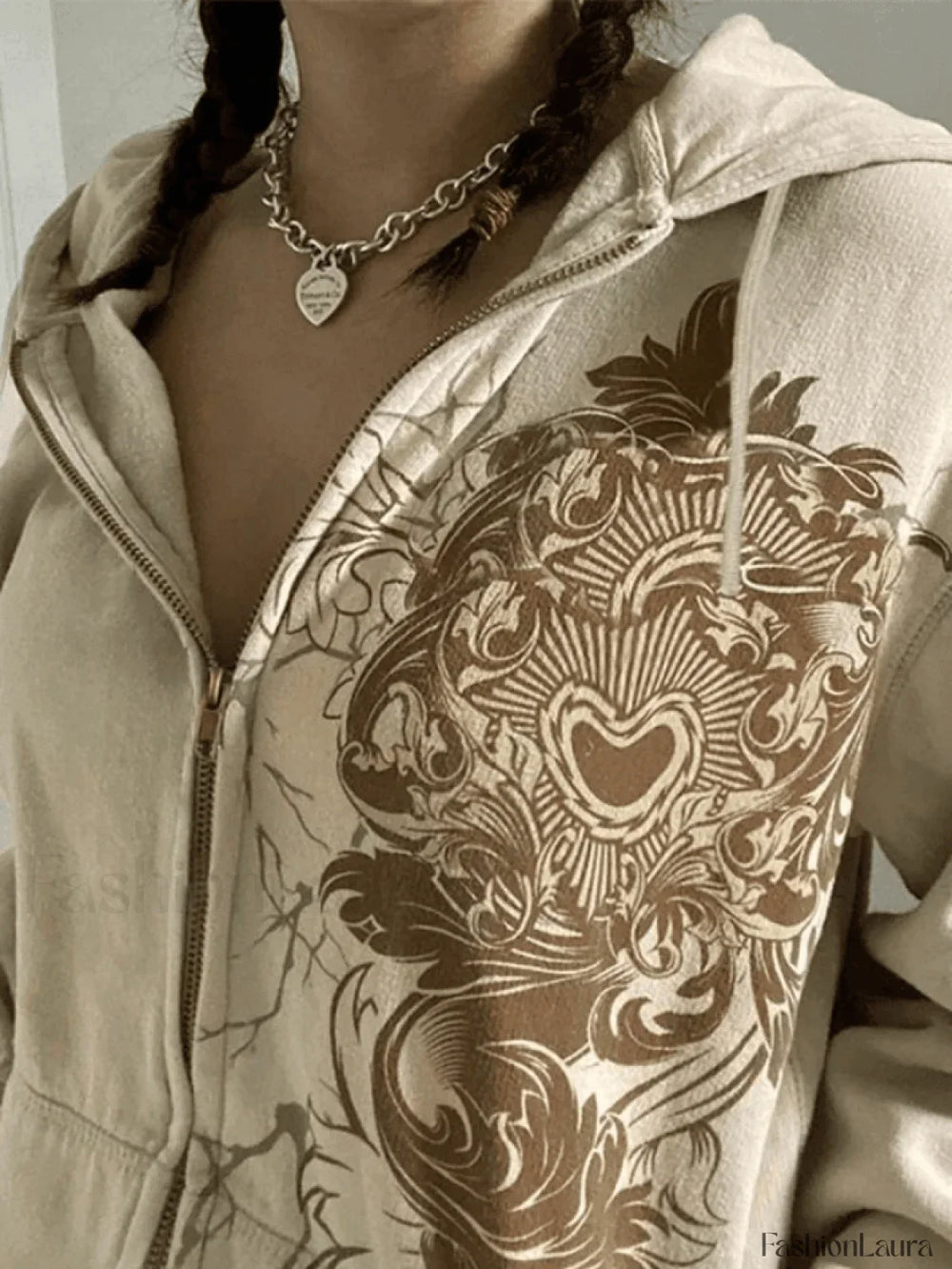 Vintage Floral Graphic Zip Up Hoodie Sweatshirts & Hoodies L