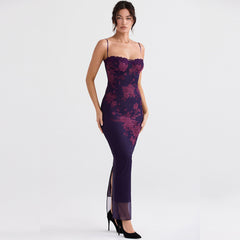 Vintage Flower Print Mesh Panel Lace Up Back Slip Maxi Dress Black M / Black Formal Dresses