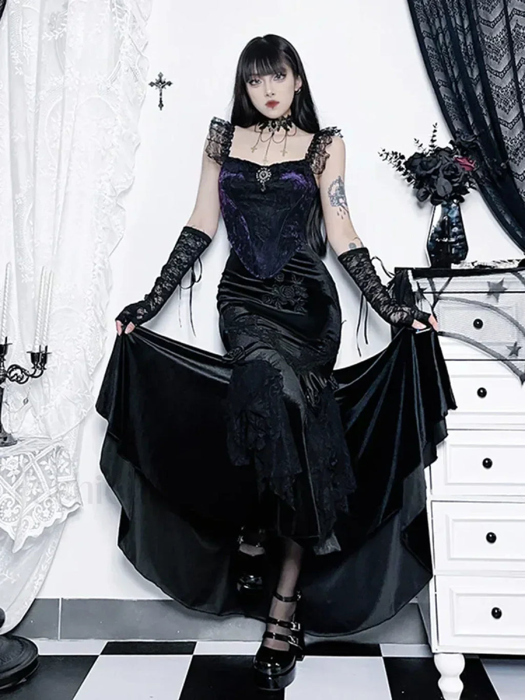 Vintage Goth Elegant Waist Women Fairycore Patchwork Florals High Aesthetic Trumpet Mall Skirt