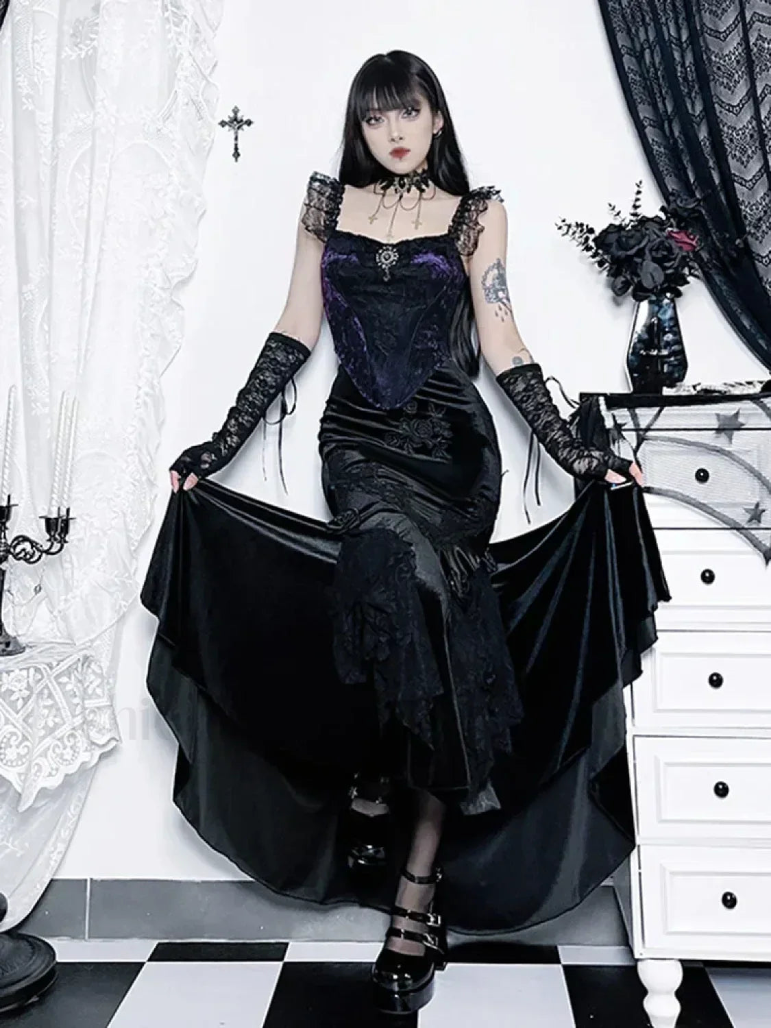 Vintage Goth Elegant Waist Women Fairycore Patchwork Florals High Aesthetic Trumpet Mall Skirt