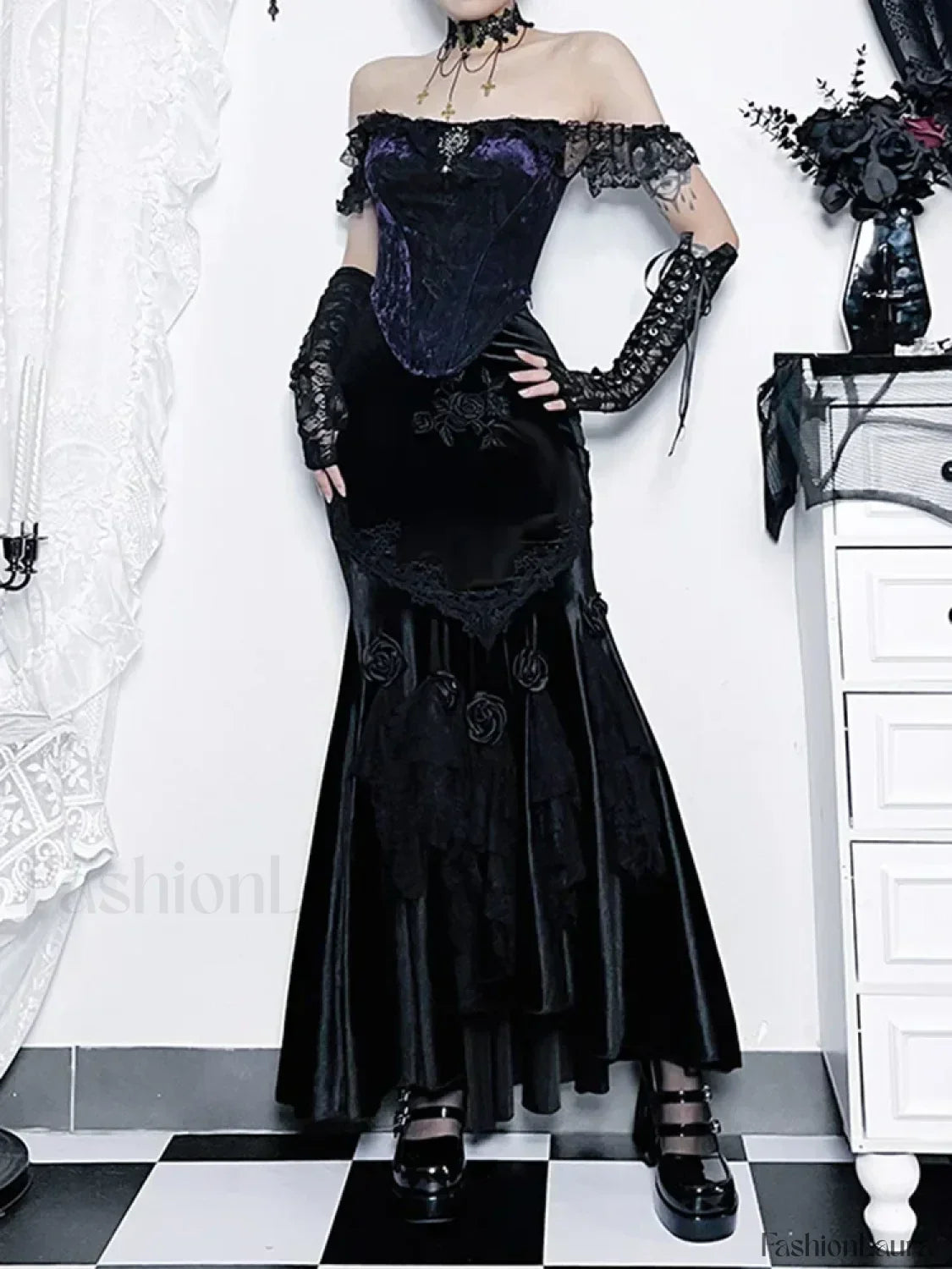 Vintage Goth Elegant Waist Women Fairycore Patchwork Florals High Aesthetic Trumpet Mall Skirt