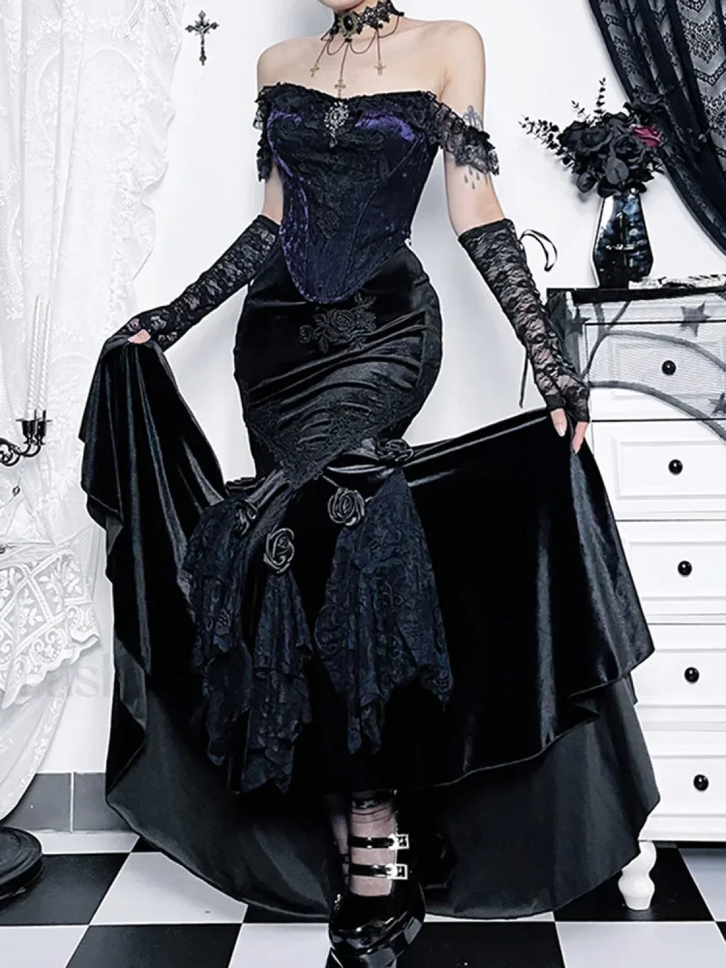 Vintage Goth Elegant Waist Women Fairycore Patchwork Florals High Aesthetic Trumpet Mall Skirt Black / S