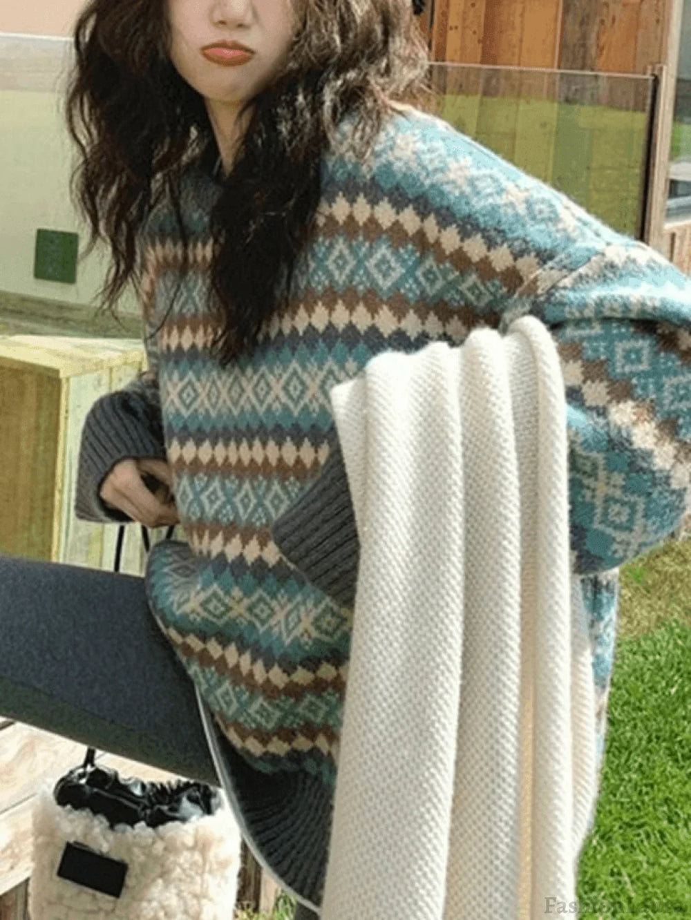 Vintage Jacquard Crew Neck Sweater Green / ONE SIZE Sweaters