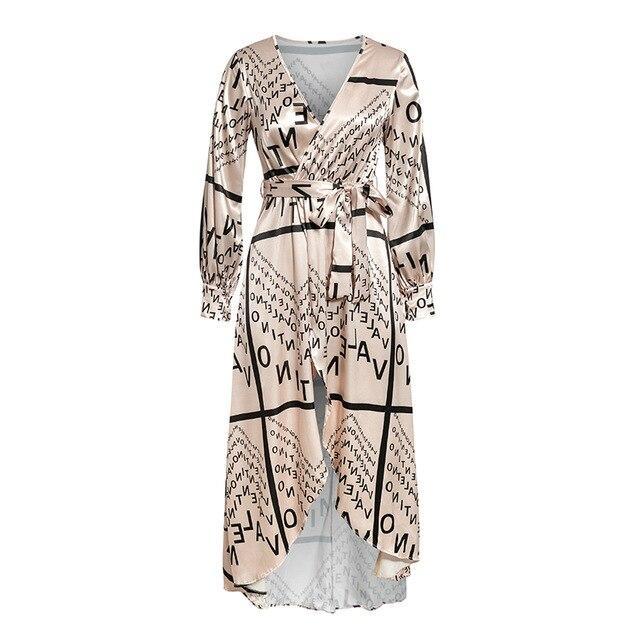 JuliaFashion - Vintage Letter Printed Long Sleeve Wrap Dress