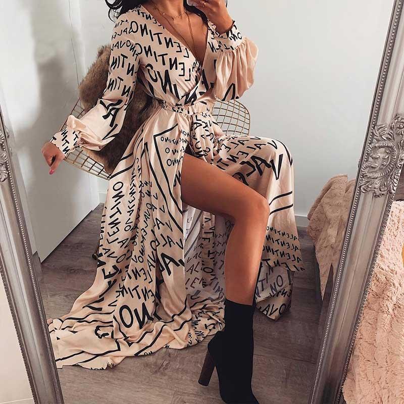 JuliaFashion - Vintage Letter Printed Long Sleeve Wrap Dress