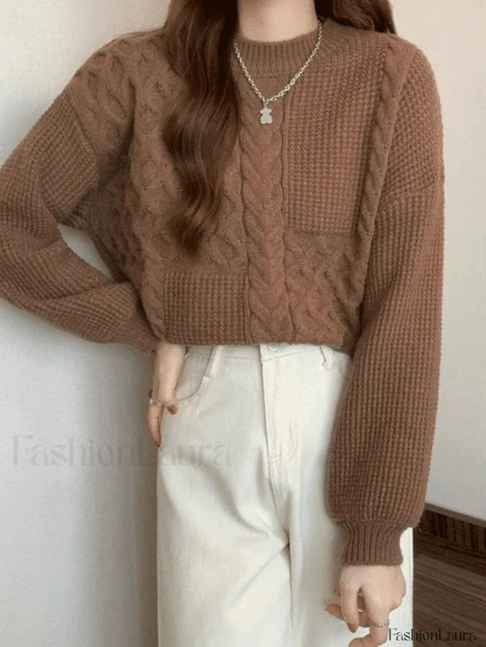 Vintage Long Sleeve Cable Knit Sweater Brown / ONE SIZE Sweaters