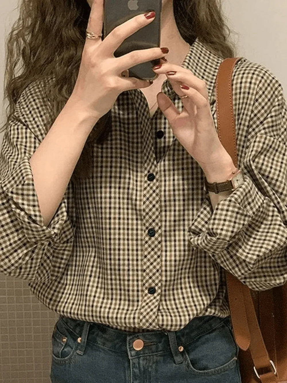 Vintage Long Sleeve Checkered Blouse Brown / S Shirts