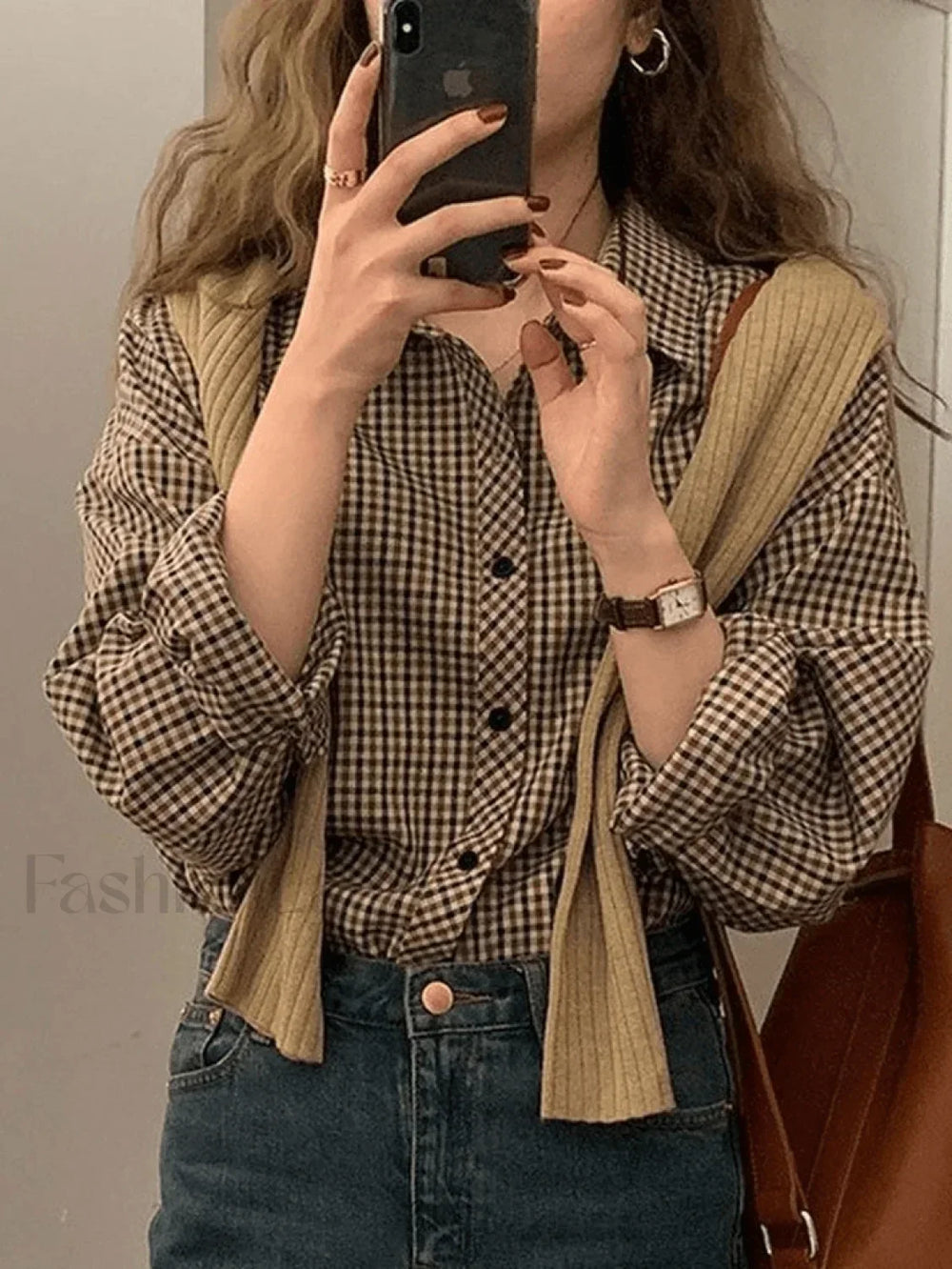 Vintage Long Sleeve Checkered Blouse Shirts
