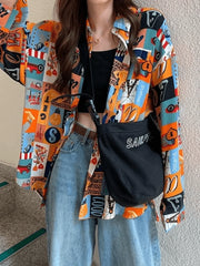 Vintage Mixed Print Long Sleeve Blouse Orange / S Shirts