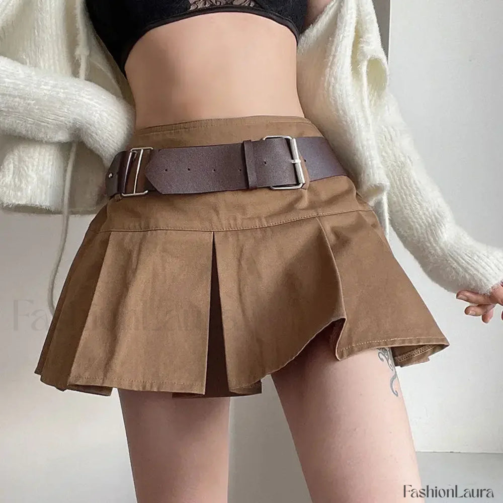Vintage Pleated College Mini Skirt COFFEE / S