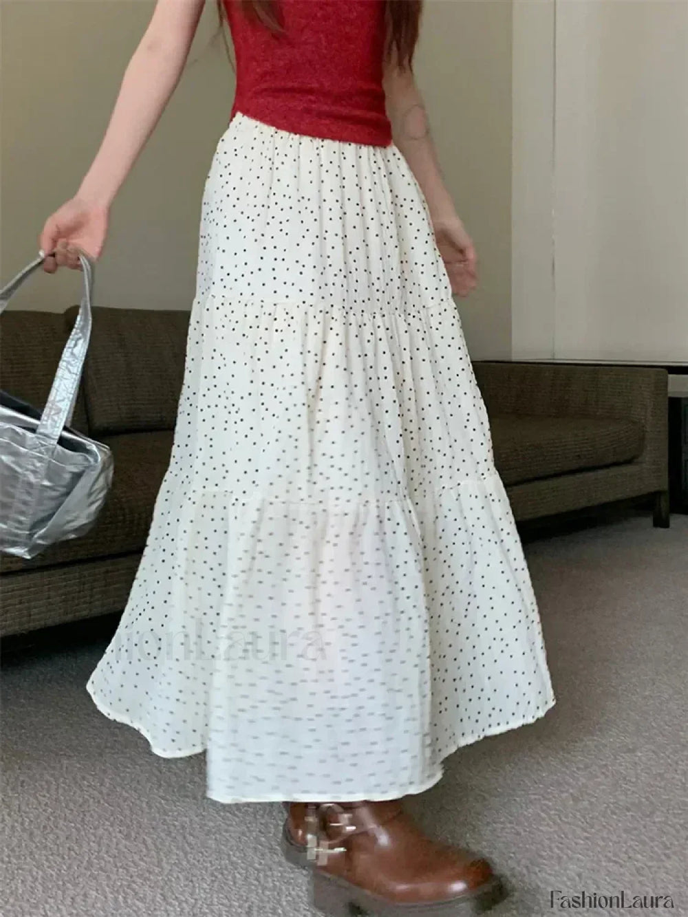 Vintage Polka Dot Holiday Ruffle Hem Long Skirt WHITE / One Size