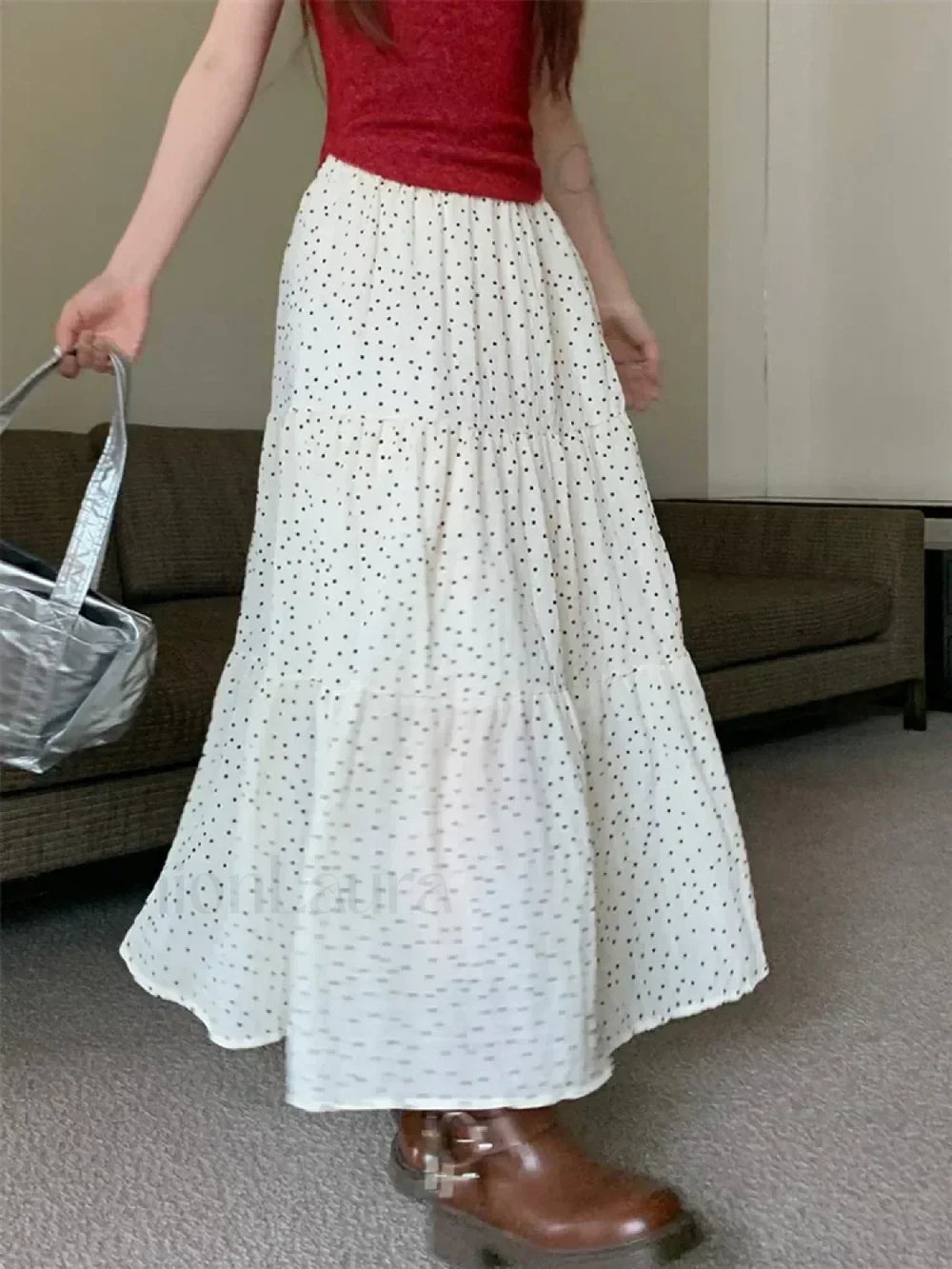 Vintage Polka Dot Holiday Ruffle Hem Long Skirt WHITE / One Size