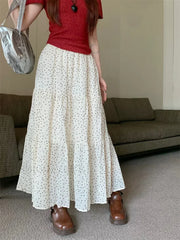 Vintage Polka Dot Holiday Ruffle Hem Long Skirt WHITE / One Size