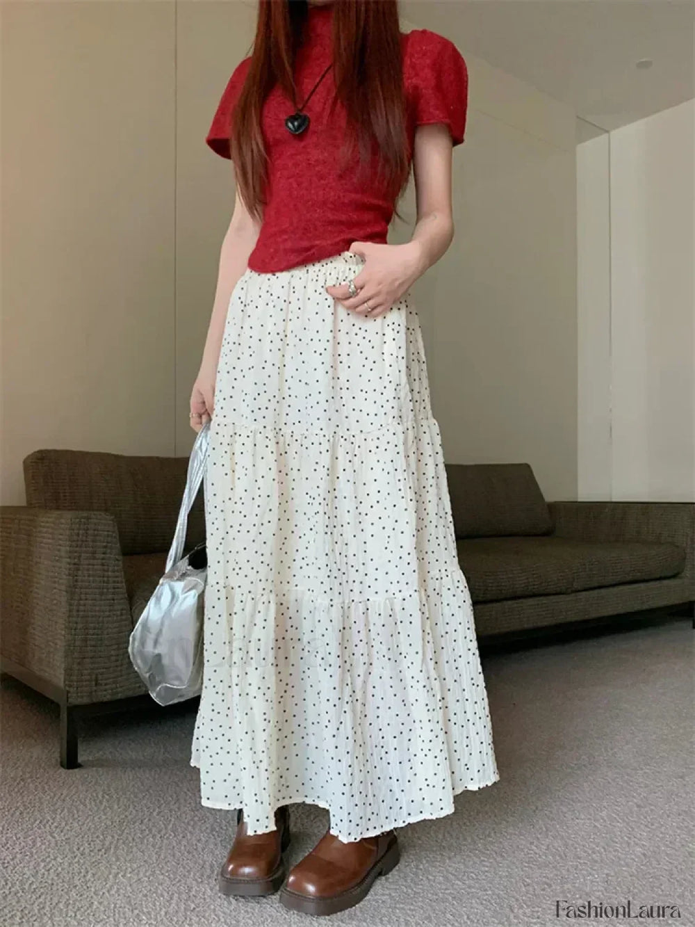 Vintage Polka Dot Holiday Ruffle Hem Long Skirt WHITE / One Size
