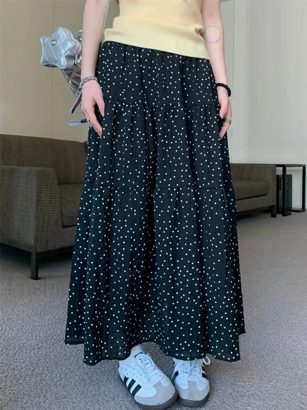 Vintage Polka Dot Long Skirt Black / One Size