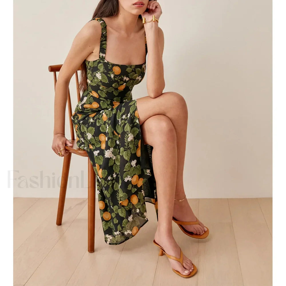 Vintage Print Chiffon Beach Dress Sleeveless Side Slit Floral Dress