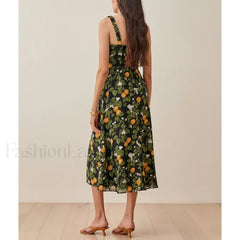 Vintage Print Chiffon Beach Dress Sleeveless Side Slit Floral Dress